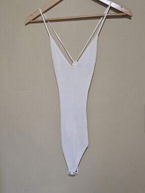 Abercrombie & Fitch White Ribbed V-Neck Double Strap Bodysuit